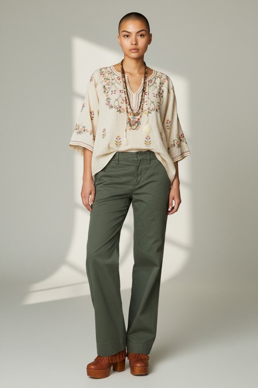 The Limited Lowrise Boho Flare Wide-leg Cotton Khaki Pants